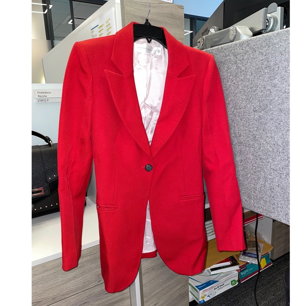Victoria Beckham Wool Open Front Tailored Blazer in Red